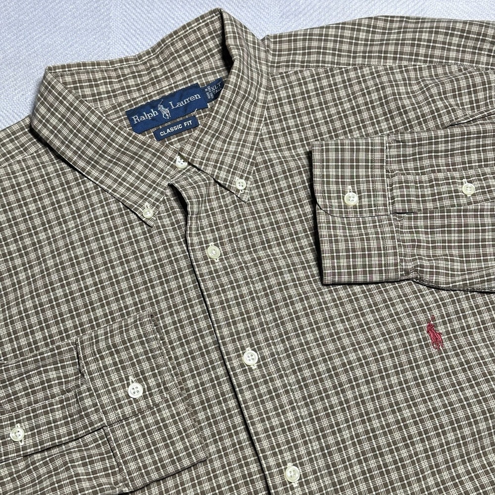 Ralph Lauren Button Down Shirt Mens XLT Classic Fit Brown Plaid Long Sleeve Pony